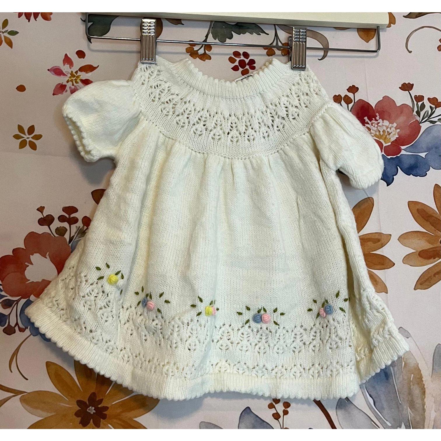 Vintage Sears Baby Infant Girls 2t Ivory Knit Sweater Floral Embroidered